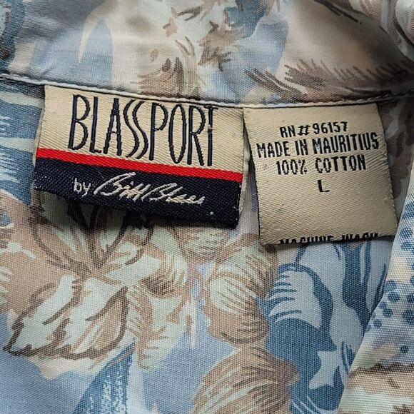 Vintage BLASSPORT Cotton Hawaiian Shirt Size L Camp Cotton Retro Blue Aloha - Picture 7 of 8